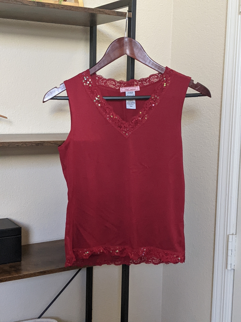 Lace Trim Sequin V-Neck Sleeveless Top in Deep Red